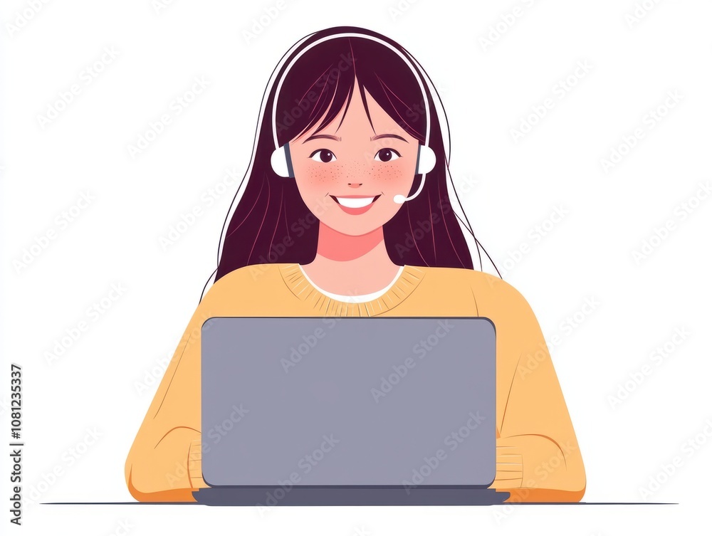 Young smiling Asian woman student using laptop computer wearing earbud, taking notes watching online class elearning webinar training, having hybrid remote video call or virtual work interview. Young smiling Asian woman student using laptop computer wearing earbud, taking notes watching online class elearning webinar training, having hybrid remote video call or virtual work interview.