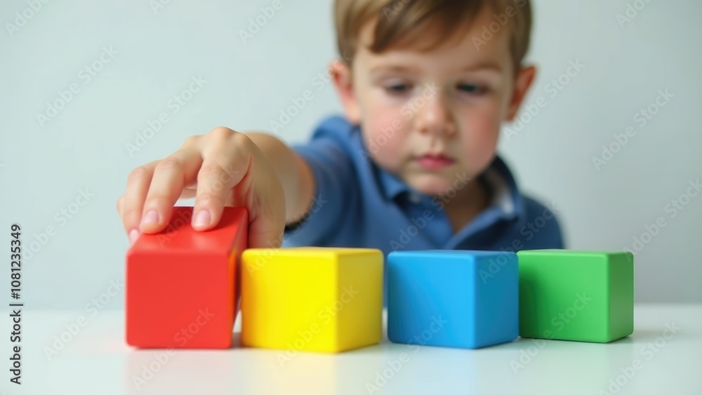 A young boy carefully places a red block among other colorful blocks, highlighting the focus and concentration often seen in children with autism. Concept of autistic focus and concentration. A young boy carefully places a red block among other colorful blocks, highlighting the focus and concentration often seen in children with autism. Concept of autistic focus and concentration.