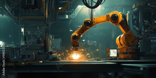 Robotic Arm Welding with Precision in Dark High-Tech Factory, Sparks Flying from the Torch photo