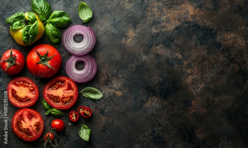 Tomatoes, sliced red onion, basil and bell pepper. Free space in the middle for the text photo