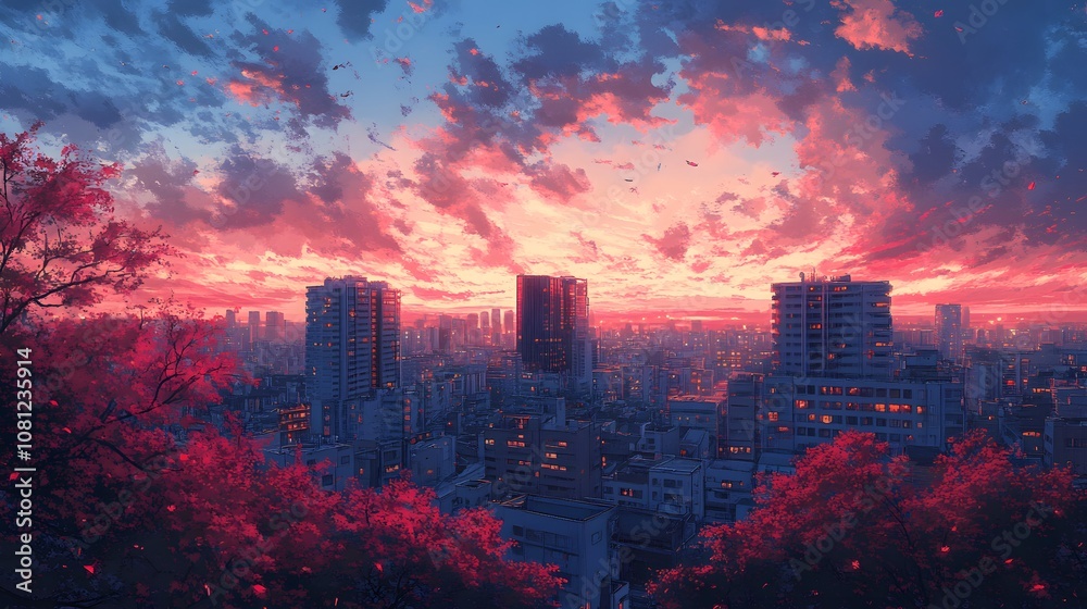 Obraz premium Stunning sunset over a vibrant city skyline with dramatic clouds and autumn foliage.