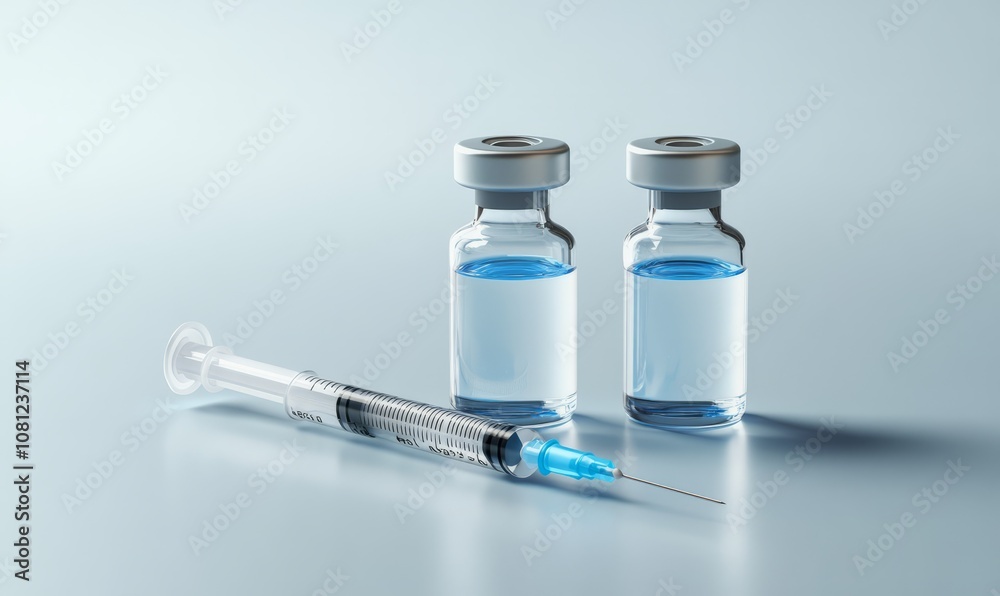 Vaccine in vial and syringe close-up on a white table gray background, medical concept, laboratory, subcutaneous injection vaccination, dose. Vaccine in vial and syringe close-up on a white table gray background, medical concept, laboratory, subcutaneous injection vaccination, dose.
