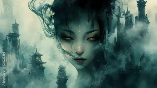 Smoke curls around the ruins, veiling a provocative asian beauty with darkened skin and eyes, enigma unraveling in. Enigma. Illustration photo