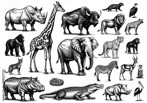 African Animals collection in Vintage Woodblock Style, ink illustrations set, hand drawn illustrations, isolated on white background, vector illustration