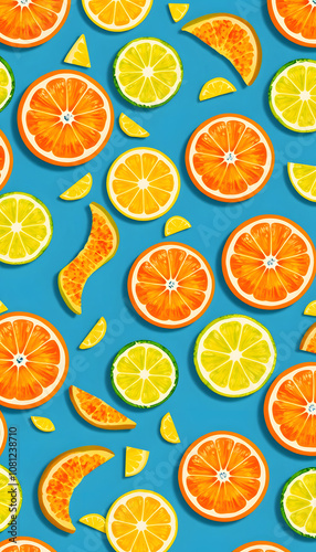 Citrus Fruit pattern on blue background. Orange, Lime, Lemon slices background. Flat lay, top view. Banner, seamless pattern, creative summer food concept.. Pop art design, creative summer concept,
