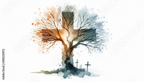 cross with tree colourful watercolor illustration, abstract splashing paint,