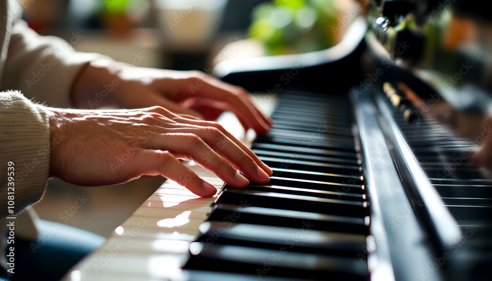 Fototapeta premium Hands playing the piano, showcasing musical skill and elegance in a performance