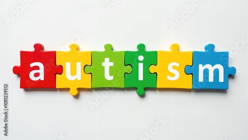 The word "autism" is spelled out using colorful puzzle pieces on a white background. Concept of autism awareness and understanding. World autism awareness day