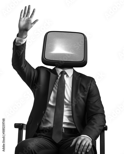 Retro man with television head on red background. Vintage man with television head. Retro collage featuring a man in a suit with a retro TV for a head. Retro collage for presentation. Raising Hand.