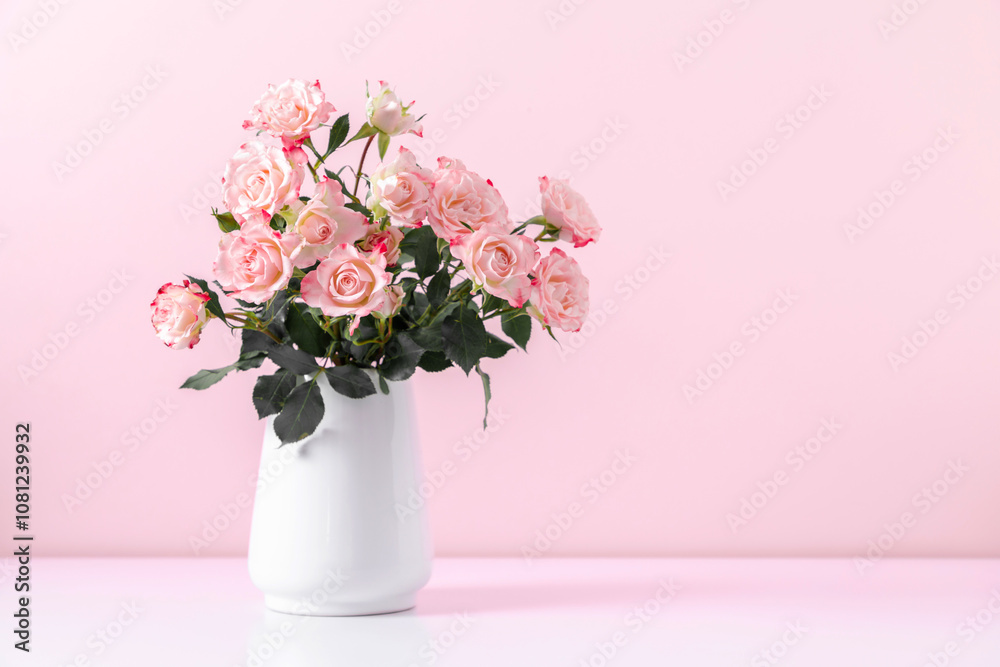 Beautiful bouquet flowers pink roses in vase on pastel pink background table. Birthday, Wedding, Mother's Day, Valentine's day, Women's Day. Front view Beautiful bouquet flowers pink roses in vase on pastel pink background table. Birthday, Wedding, Mother's Day, Valentine's day, Women's Day. Front view