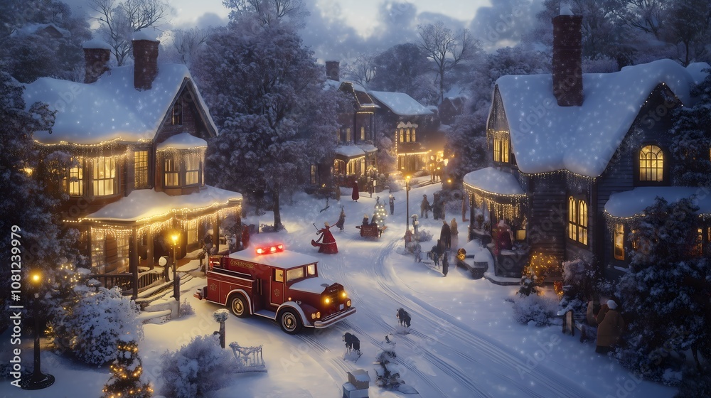 Fototapeta premium The winter christmas village is a beautiful sight. The snow is falling gently and the lights are shining brightly. The houses are covered in sparkling white, and the streets are lined with trees