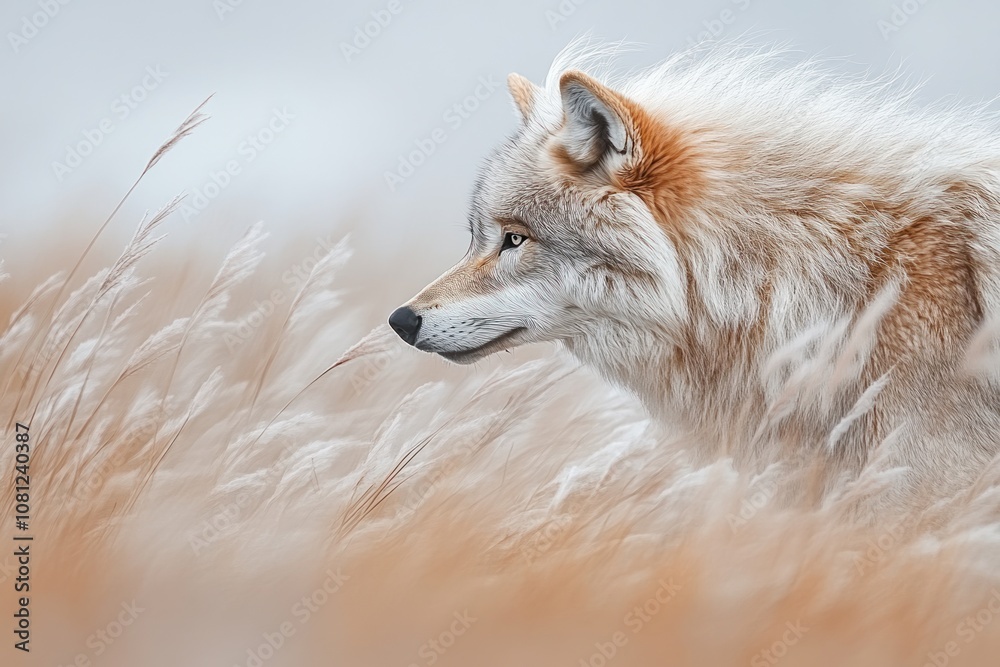 Obraz premium A lone wolf with a soft, light coat stands in a field of tall grass, looking to the side. The wolf's fur is a mixture of white, brown, and grey,.