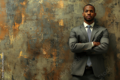 A man clad in a sleek gray suit stands confidently with his arms crossed, fronting a striking, mixed-texture art background blending earth tones and gold shades. photo