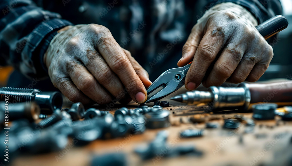 Hands fastening screws with industrial tools, demonstrating precision and efficiency in mechanical work