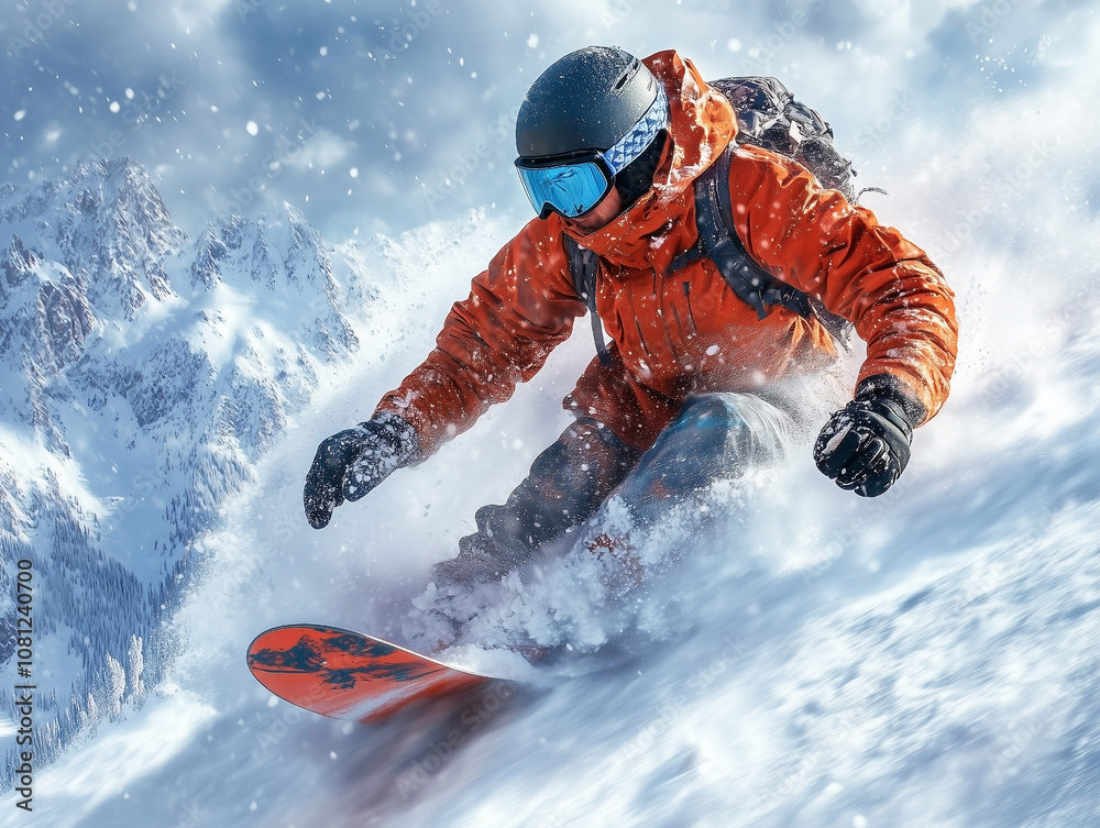 Fototapeta premium Zjeżdżający ze zbocza góry Snowbordzista