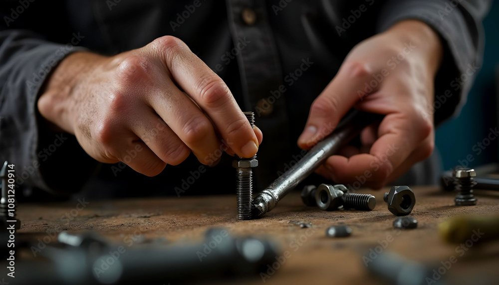 Hands fastening screws with industrial tools, demonstrating precision and efficiency in mechanical work Hands fastening screws with industrial tools, demonstrating precision and efficiency in mechanical work