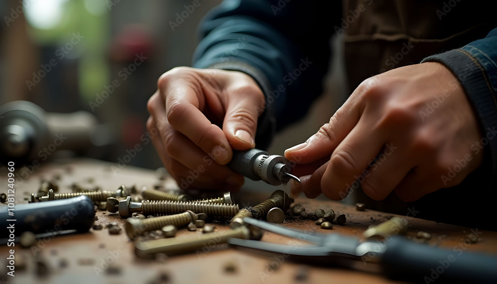 Hands fastening screws with industrial tools, demonstrating precision and efficiency in mechanical work Hands fastening screws with industrial tools, demonstrating precision and efficiency in mechanical work