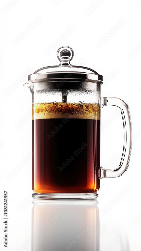 Elegant studio shot of glass french press with richly brewed coffee - ideal for kitchen decor or food photography Elegant studio shot of glass french press with richly brewed coffee - ideal for kitchen decor or food photography