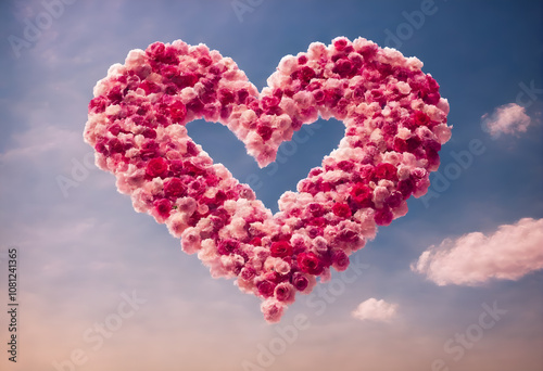 Heart made from clouds with rose flowers