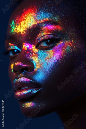 Portrait of a woman with a bright make up and glitter on her face