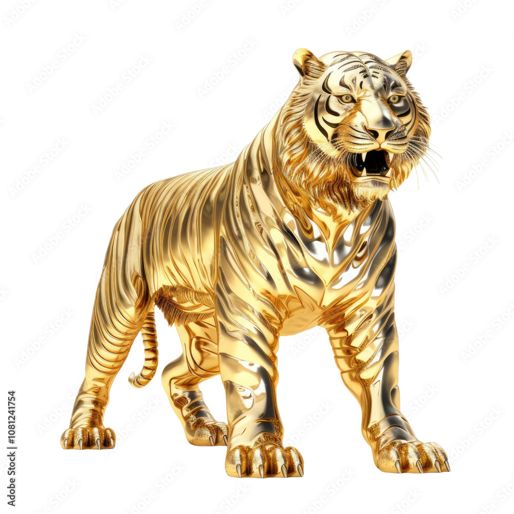 Obraz premium Golden lucky animal concept Statue of a tiger made of gold on a white transparent background 