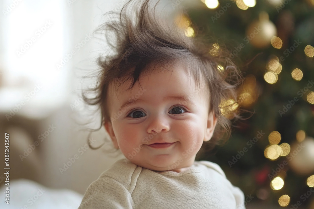 A cute baby with tousled hair smiles softly, with a blurred Christmas tree and warm lights in the background, giving a festive and joyful atmosphere. A cute baby with tousled hair smiles softly, with a blurred Christmas tree and warm lights in the background, giving a festive and joyful atmosphere.