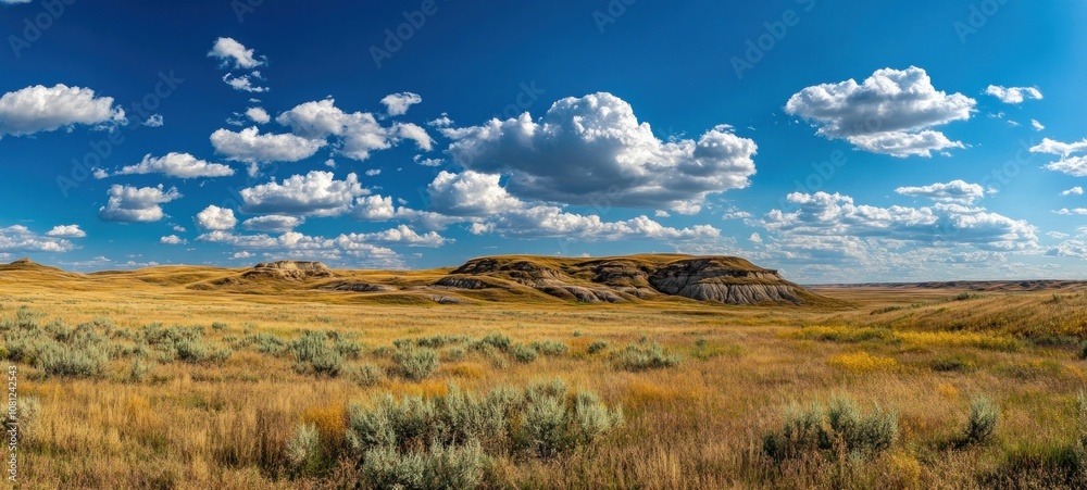 Prairie Landscape Under a Blue Sky with Puffy Clouds Prairie Landscape Under a Blue Sky with Puffy Clouds
