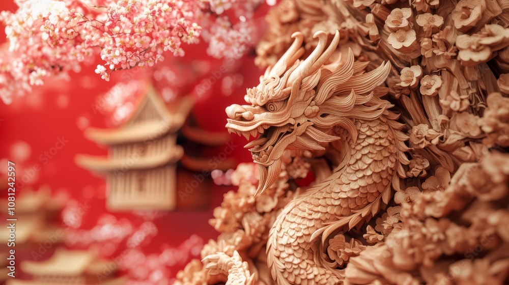 Fototapeta premium A wooden dragon sculpture, set against a red background with peach blossoms