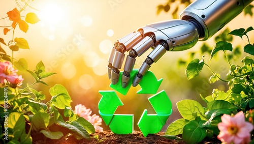 robot hand with green symbol recycling in nature photo