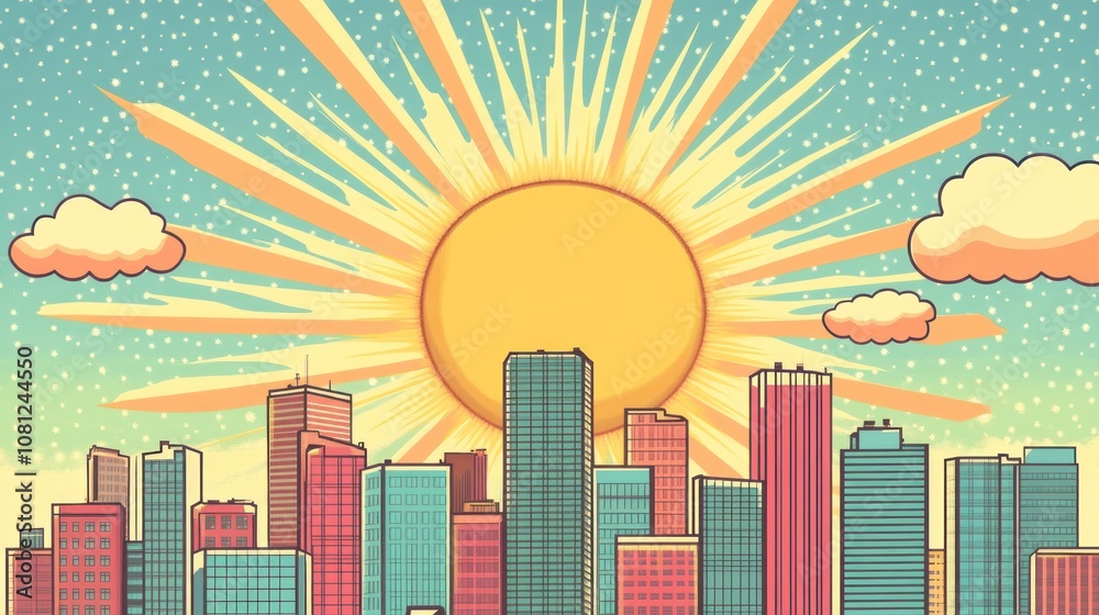 comic book style cartoon illustration of cityscape with sun and clouds in the sky comic book style cartoon illustration of cityscape with sun and clouds in the sky