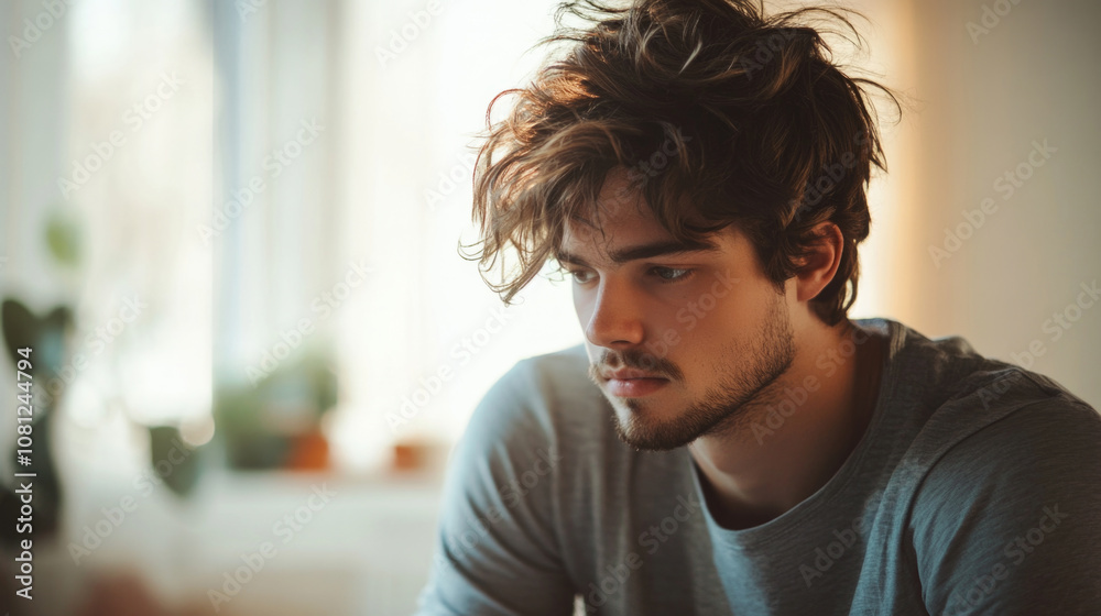 A portrait capturing a young man in deep thought, his hair tousled in a casual manner, set against a softly lit background that adds to the contemplative mood. A portrait capturing a young man in deep thought, his hair tousled in a casual manner, set against a softly lit background that adds to the contemplative mood.
