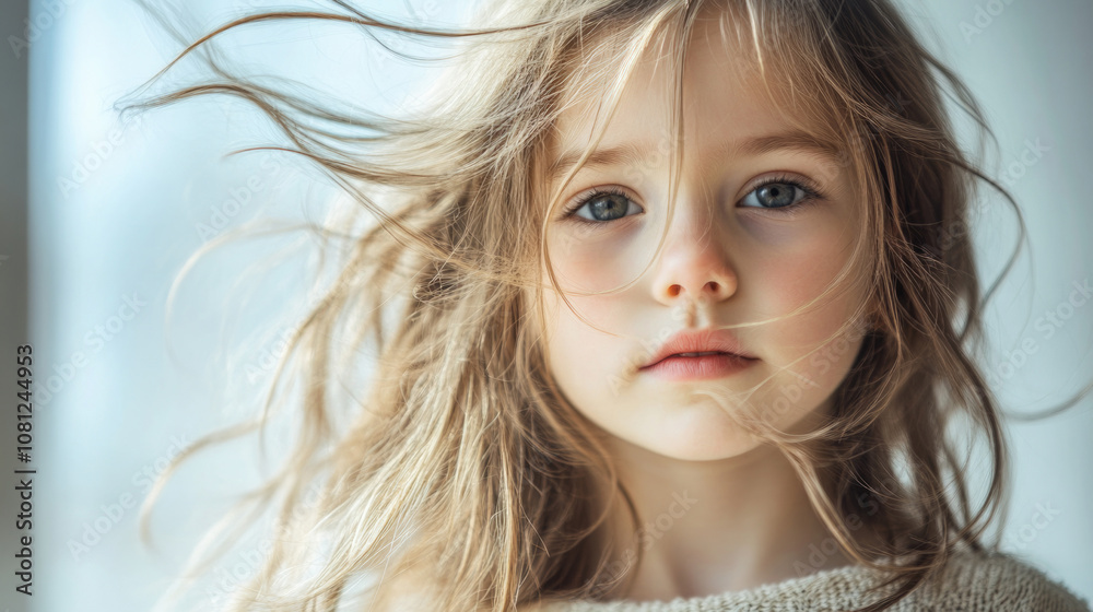 A young girl with expressive eyes and wind-swept hair gazes forward, capturing a moment of solemn contemplation in beautifully diffused natural light. A young girl with expressive eyes and wind-swept hair gazes forward, capturing a moment of solemn contemplation in beautifully diffused natural light.