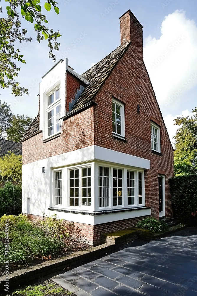 A small brick house in the Dutch style, with white window frames and red bricks on one side of two floors, featuring an entrance door at ground level. There is also an exterior terrace on that floor. A small brick house in the Dutch style, with white window frames and red bricks on one side of two floors, featuring an entrance door at ground level. There is also an exterior terrace on that floor.