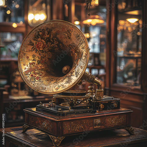 Ornate antique gramophone with golden details in a cozy vintage interior setting.
