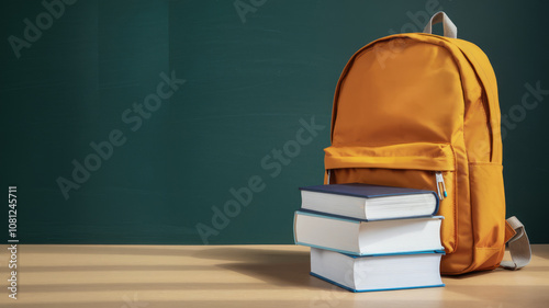 A stack of books is on top of a backpack. The backpack is orange and is placed on a desk. The books are arranged in a neat stack, and the scene conveys a sense of organization