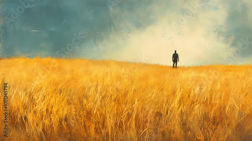 Solitude in a golden field: a figure contemplates the horizon. Enigma. Illustration