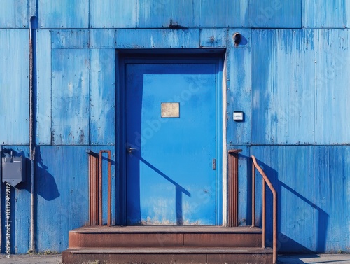 Blaues Hinweisschild auf barrierefreien Zugang zu Ã¶ffentlich zugÃ¤nglichem GebÃ¤ude, Piktogramm photo