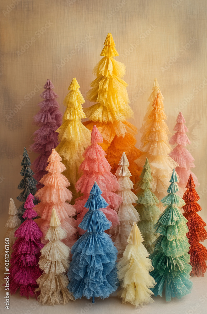 A group of small rainbow colored tassel trees, against unique beige background. Minimal creative Christmas holiday concept.Copy space. A group of small rainbow colored tassel trees, against unique beige background. Minimal creative Christmas holiday concept.Copy space.