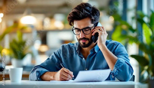 Employee with a handset to his ear, writing down on a piece of paper, demonstrating multitasking and communication in the workplace