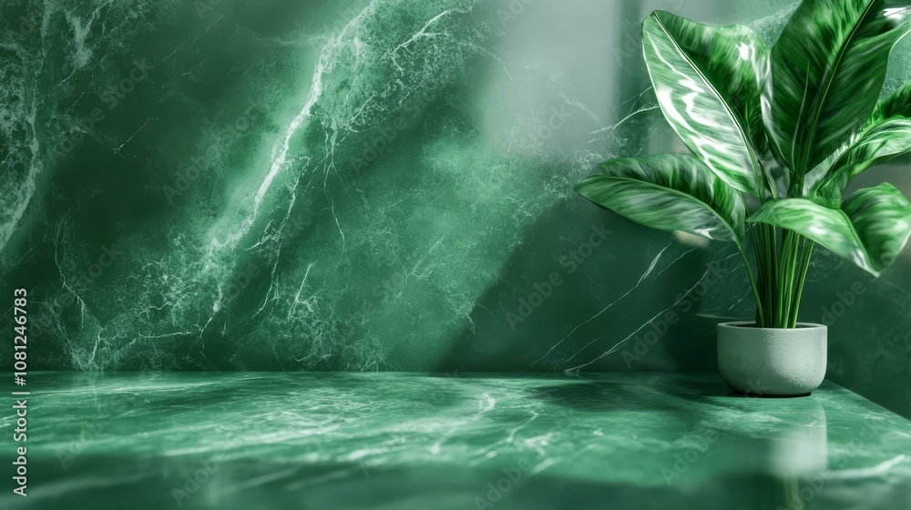 Green Marble Minimalist Product Display Background: A serene, green marble backdrop with soft sunlight filtering through the window, a potted plant adds a touch of natural elegance.