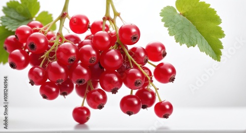 Red currant berries grows on bush. Ripe redcurrant on branch. Nature, organic food and gardening. Generated AI