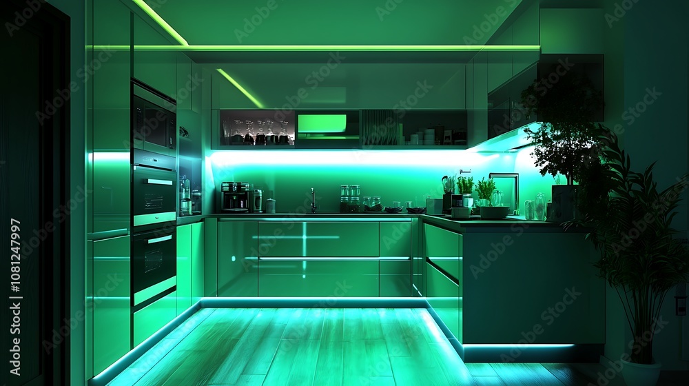 Neon-colored accents highlight the elegance of a modern kitchen design. Neon-colored accents highlight the elegance of a modern kitchen design.