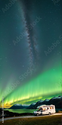 starry night sky in Norway, with a green glow beginning to illuminate the sky. RV Camping Northern Lights photo