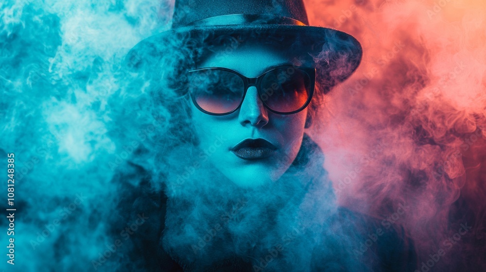 Mysterious Woman in Sunglasses with Colorful Fog