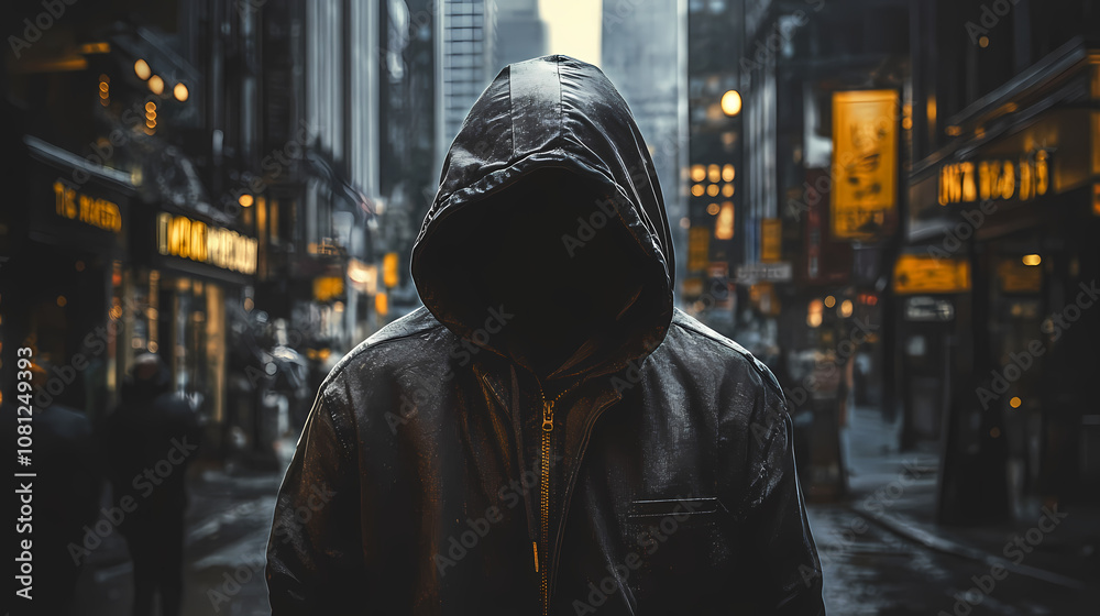 Urban enigma mysterious hooded figure navigating shadowy city streets street photography. Enigma. Illustration Urban enigma mysterious hooded figure navigating shadowy city streets street photography. Enigma. Illustration