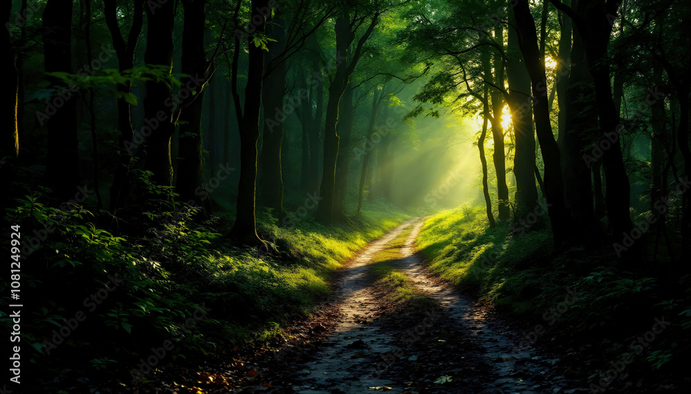 Fototapeta premium A path leading through a dense forest towards the light, symbolizing the journey through life and personal growt