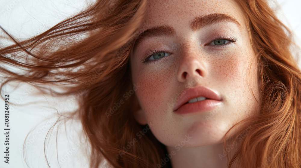 Dynamic studio portrait of a red-haired model with windswept hair Dynamic studio portrait of a red-haired model with windswept hair