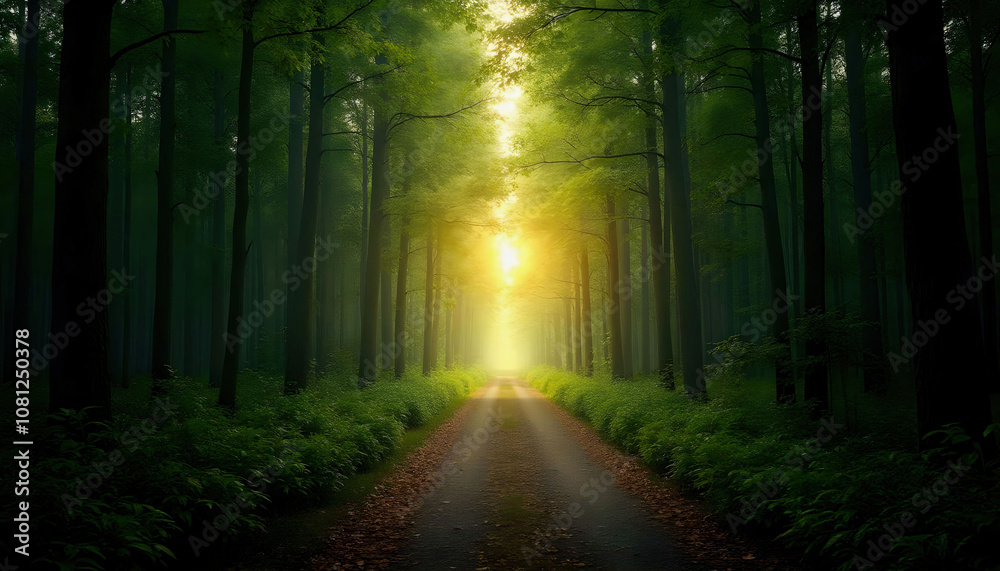 Obraz premium A path leading through a dense forest towards the light, symbolizing the journey through life and personal growt