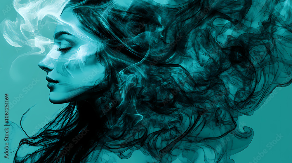 Woman long hair smoke swirling fluid smokey enigma filters female floating greenish blue half body forsaken spirits highly turbulent. Enigma. Illustration