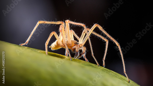 Creepy yellow spider macro photo on green leaf with big fangs